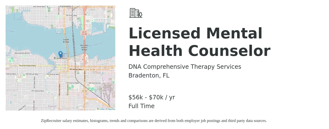 DNA Comprehensive Therapy Services job posting for a Licensed Mental Health Counselor in Bradenton, FL with a salary of $56,000 to $70,000 Yearly with a map of Bradenton location.