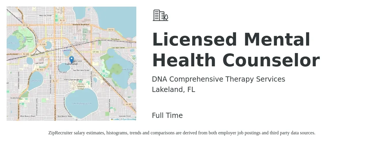 DNA Comprehensive Therapy Services job posting for a Licensed Mental Health Counselor in Lakeland, FL with a salary of $54,100 to $81,400 Yearly with a map of Lakeland location.