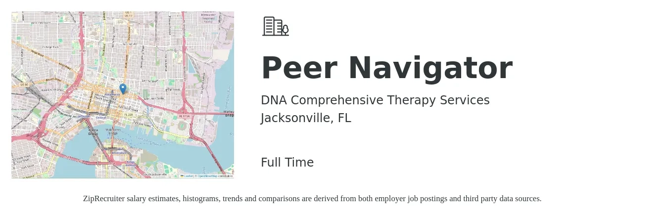 DNA Comprehensive Therapy Services job posting for a Peer Navigator in Jacksonville, FL with a salary of $16 to $20 Hourly with a map of Jacksonville location.