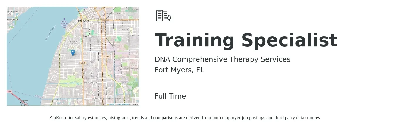 DNA Comprehensive Therapy Services job posting for a Training Specialist in Fort Myers, FL with a salary of $53,200 to $77,500 Yearly with a map of Fort Myers location.