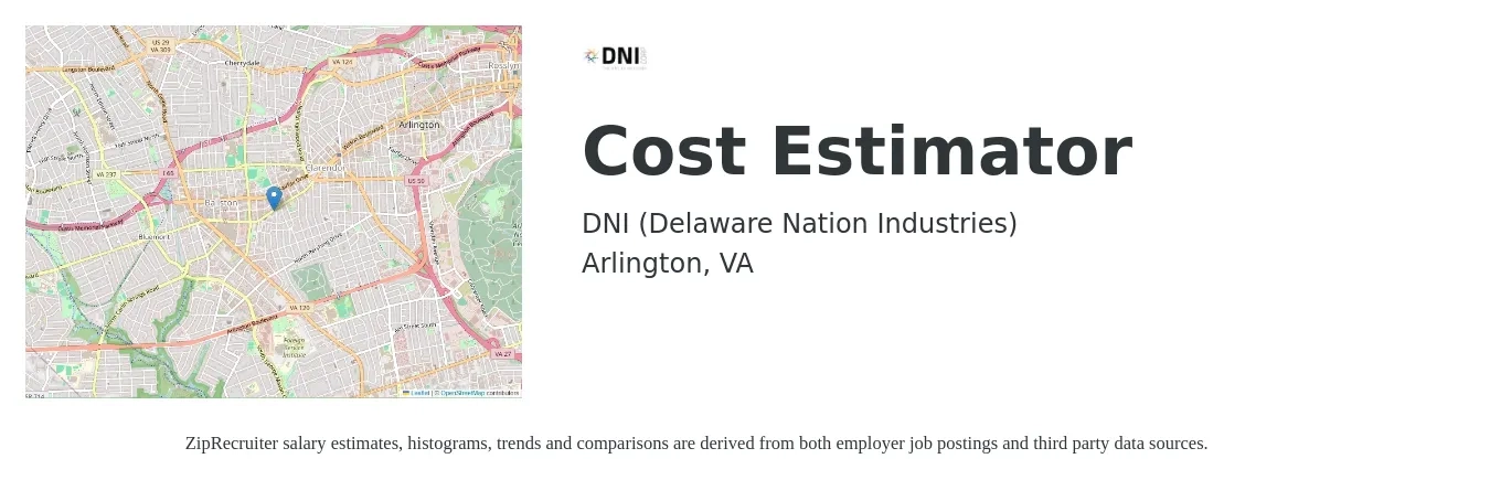 DNI (Delaware Nation Industries) job posting for a Cost Estimator in Arlington, VA with a salary of $77,200 to $119,800 Yearly with a map of Arlington location.