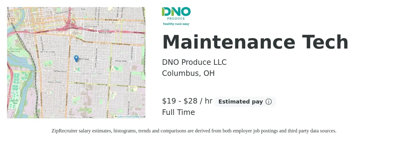 DNO Produce LLC job posting for a Maintenance Tech in Columbus, OH with a salary of $20 to $30 Hourly with a map of Columbus location.