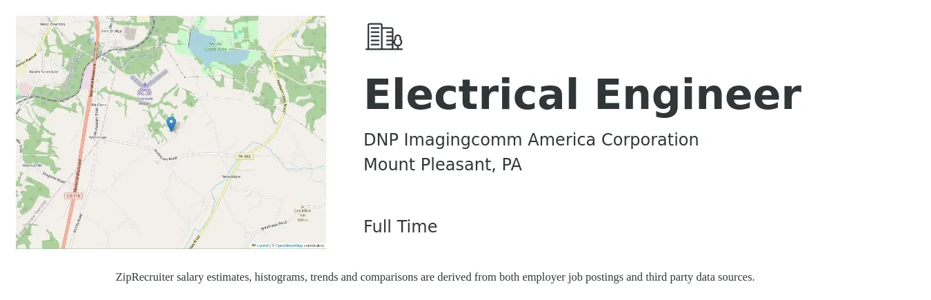 DNP Imagingcomm America Corporation job posting for a Electrical Engineer in Mount Pleasant, PA with a salary of $73,300 to $116,500 Yearly with a map of Mount Pleasant location.