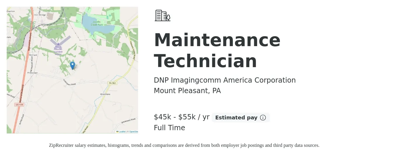 DNP Imagingcomm America Corporation job posting for a Maintenance Technician in Mount Pleasant, PA with a salary of $45,000 to $55,000 Yearly with a map of Mount Pleasant location.