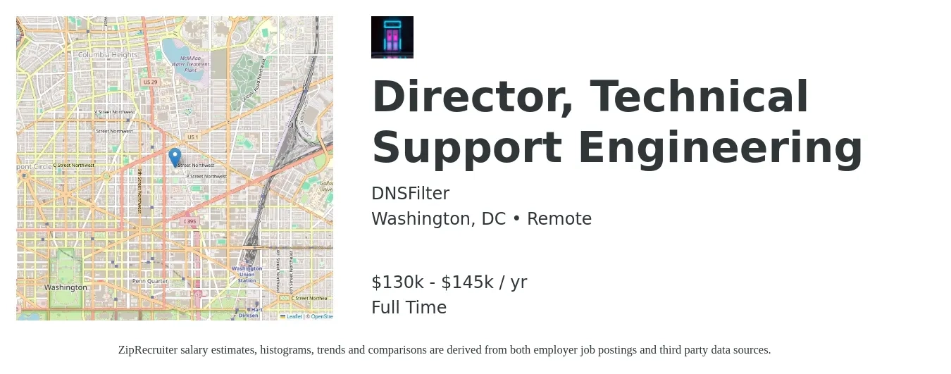 DNSFilter job posting for a Director, Technical Support Engineering in Washington, DC with a salary of $130,000 to $145,000 Yearly with a map of Washington location.