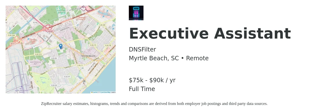 DNSFilter job posting for a Executive Assistant in Myrtle Beach, SC with a salary of $75,000 to $90,000 Yearly with a map of Myrtle Beach location.