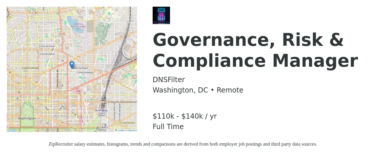 DNSFilter job posting for a Governance, Risk & Compliance Manager in Washington, DC with a salary of $110,000 to $140,000 Yearly with a map of Washington location.