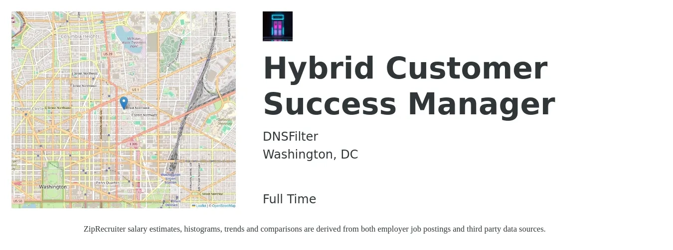 DNSFilter job posting for a Hybrid Customer Success Manager in Washington, DC with a salary of $67,400 to $112,100 Yearly with a map of Washington location.