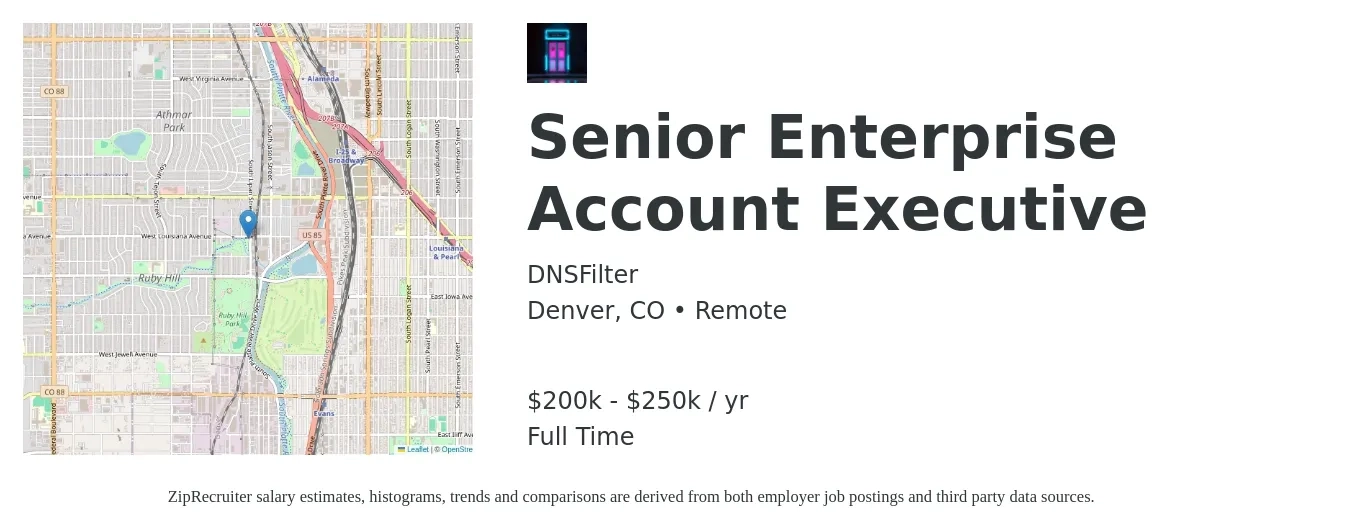 DNSFilter job posting for a Senior Enterprise Account Executive in Denver, CO with a salary of $200,000 to $250,000 Yearly with a map of Denver location.
