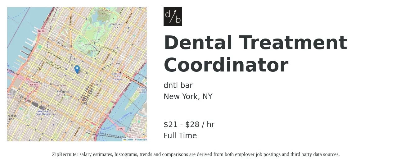 dntl bar job posting for a Dental Treatment Coordinator in New York, NY with a salary of $22 to $30 Hourly with a map of New York location.