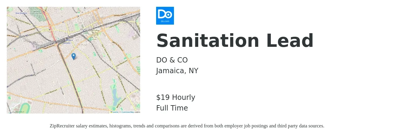 DO & CO job posting for a Sanitation Lead in Jamaica, NY with a salary of $20 Hourly with a map of Jamaica location.