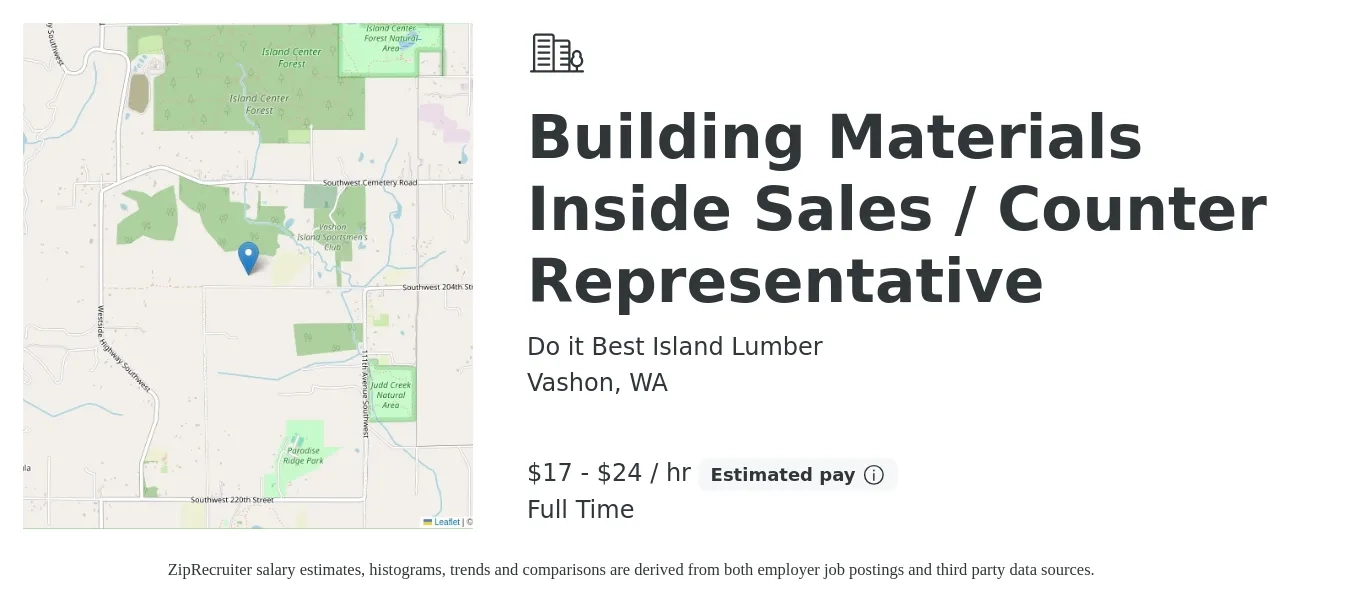 Do it Best Island Lumber job posting for a Building Materials Inside Sales / Counter Representative in Vashon, WA with a salary of $18 to $25 Hourly with a map of Vashon location.