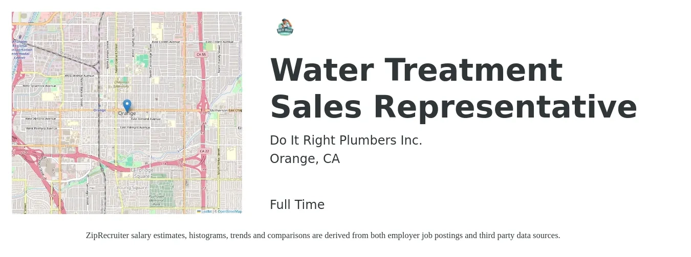 Do It Right Plumbers Inc. job posting for a Water Treatment Sales Representative in Orange, CA with a salary of $75,000 to $110,000 Yearly with a map of Orange location.