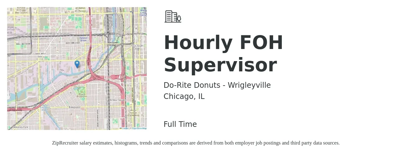 Do-Rite Donuts - Wrigleyville job posting for a Hourly FOH Supervisor in Chicago, IL with a salary of $45,400 to $140,200 Yearly with a map of Chicago location.