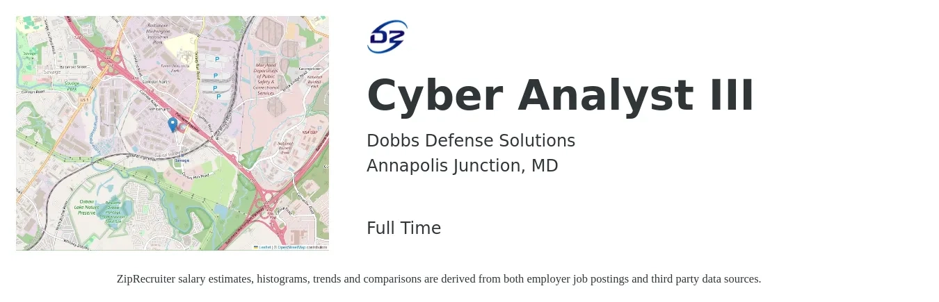 Dobbs Defense Solutions job posting for a Cyber Analyst III in Annapolis Junction, MD with a salary of $93,500 to $129,200 Yearly with a map of Annapolis Junction location.