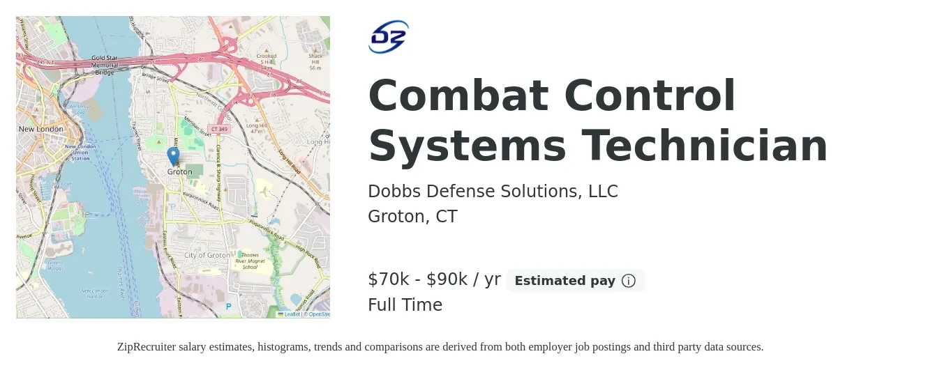 Dobbs Defense Solutions, LLC job posting for a Combat Control Systems Technician in Groton, CT with a salary of $22 to $33 Hourly with a map of Groton location.