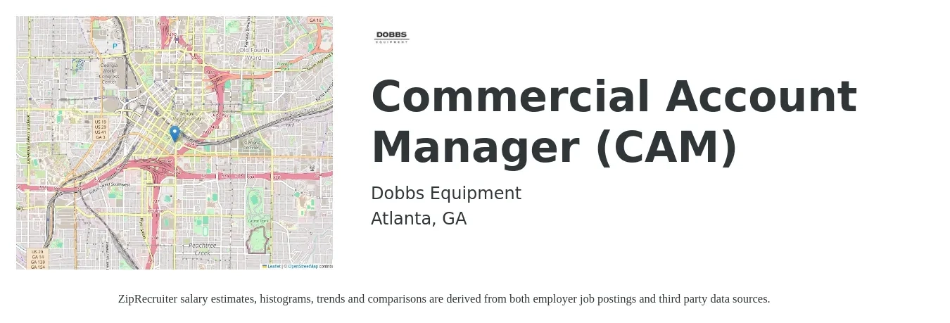 Dobbs Equipment job posting for a Commercial Account Manager (CAM) in Atlanta, GA with a salary of $49,500 to $77,400 Yearly with a map of Atlanta location.