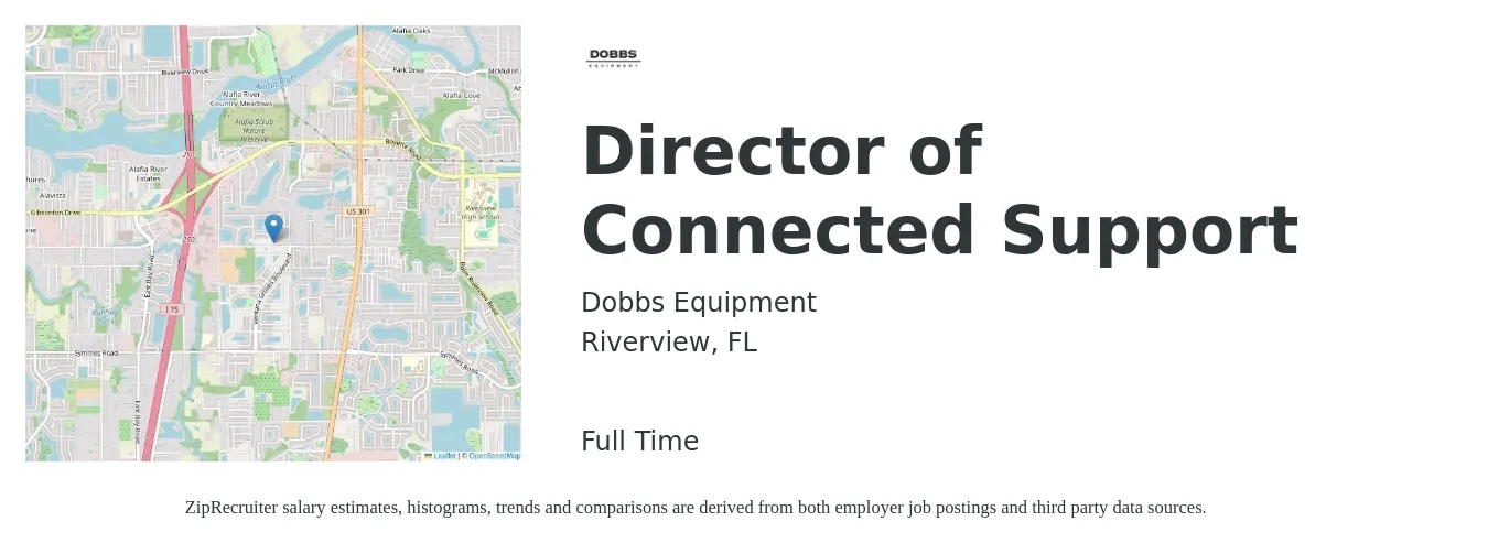 Dobbs Equipment job posting for a Director of Connected Support in Riverview, FL with a salary of $58,000 to $99,000 Yearly with a map of Riverview location.