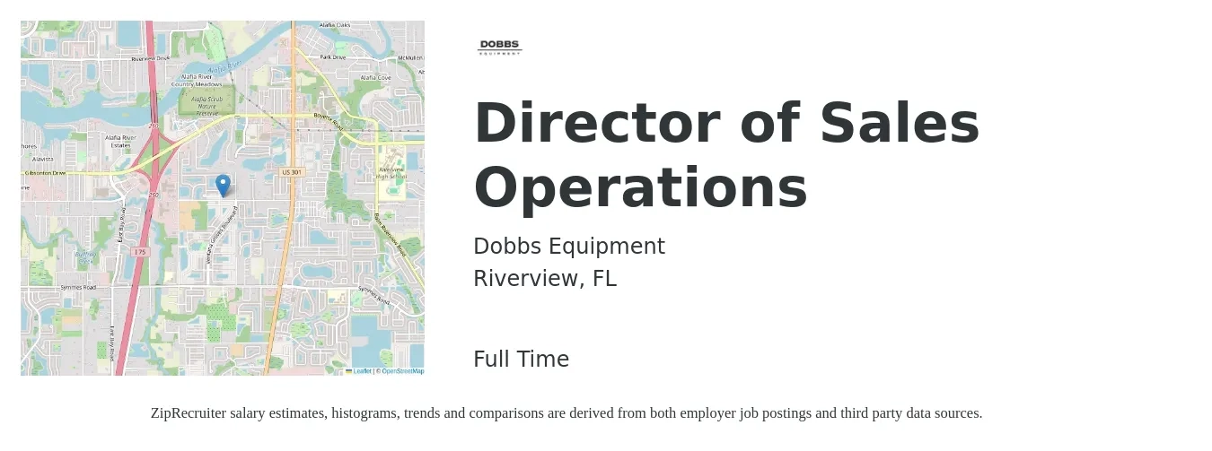 Dobbs Equipment job posting for a Director of Sales Operations in Riverview, FL with a salary of $84,300 to $146,700 Yearly with a map of Riverview location.