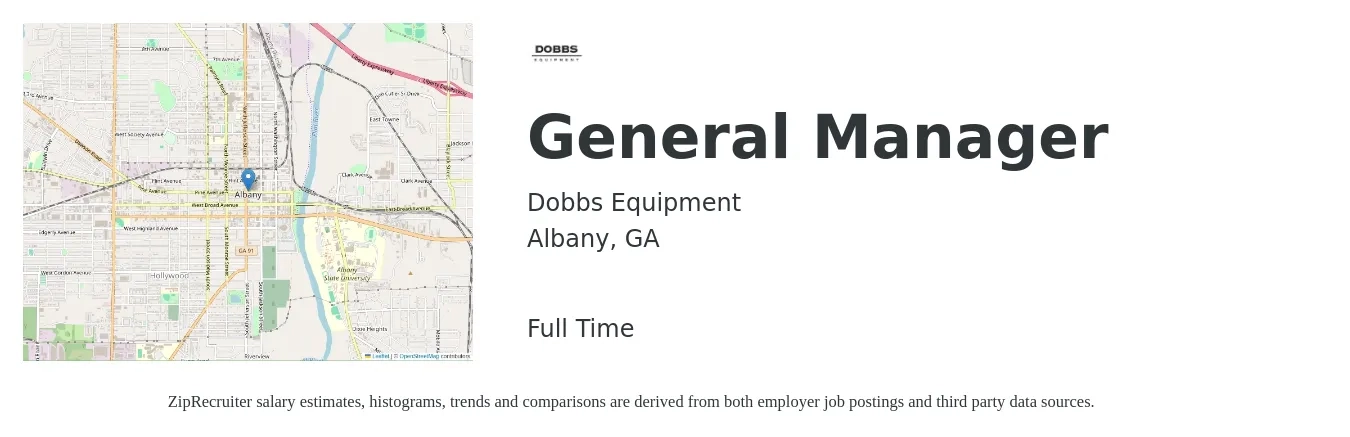Dobbs Equipment job posting for a General Manager in Albany, GA with a salary of $46,000 to $68,700 Yearly with a map of Albany location.