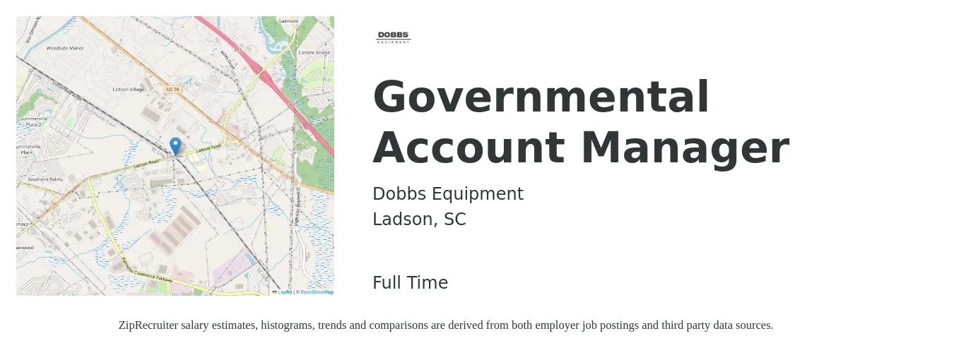 Dobbs Equipment job posting for a Governmental Account Manager in Ladson, SC with a salary of $46,900 to $76,700 Yearly with a map of Ladson location.