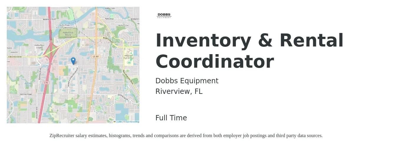 Dobbs Equipment job posting for a Inventory & Rental Coordinator in Riverview, FL with a salary of $16 to $22 Hourly with a map of Riverview location.