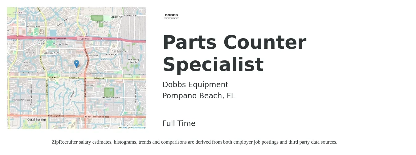 Dobbs Equipment job posting for a Parts Counter Specialist in Pompano Beach, FL with a salary of $17 to $22 Hourly with a map of Pompano Beach location.