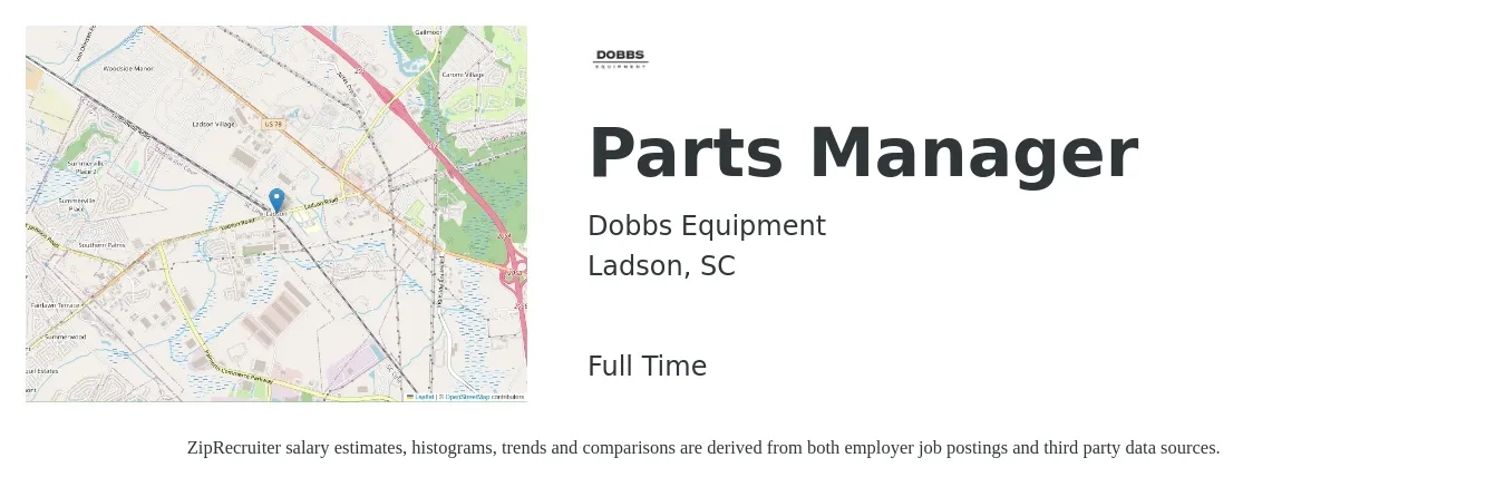 Dobbs Equipment job posting for a Parts Manager in Ladson, SC with a salary of $48,800 to $70,300 Yearly with a map of Ladson location.