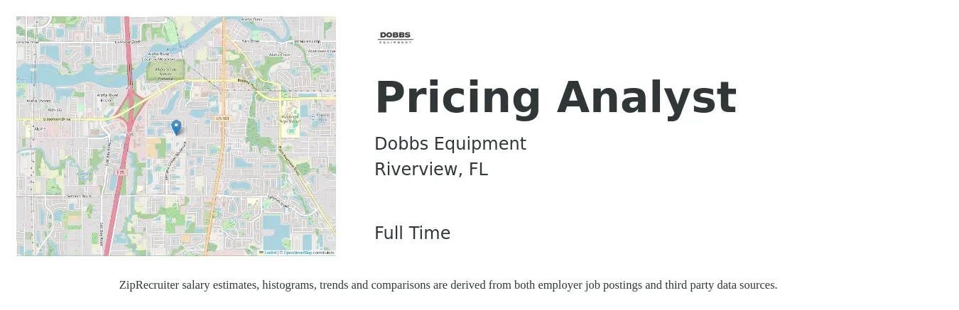 Dobbs Equipment job posting for a Pricing Analyst in Riverview, FL with a salary of $48,100 to $71,800 Yearly with a map of Riverview location.