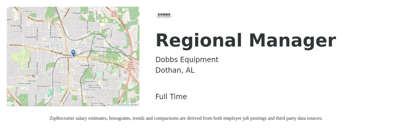 Dobbs Equipment job posting for a Regional Manager in Dothan, AL with a salary of $64,500 to $92,700 Yearly with a map of Dothan location.