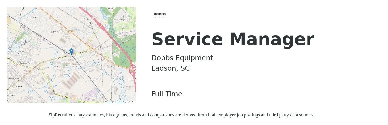 Dobbs Equipment job posting for a Service Manager in Ladson, SC with a salary of $50,800 to $78,600 Yearly with a map of Ladson location.