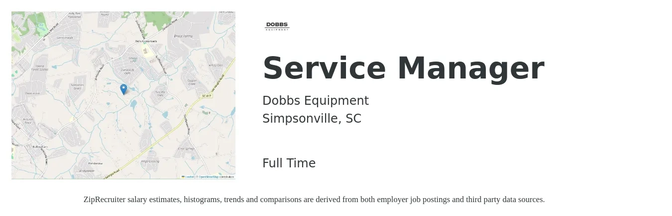 Dobbs Equipment job posting for a Service Manager in Simpsonville, SC with a salary of $46,100 to $71,300 Yearly with a map of Simpsonville location.