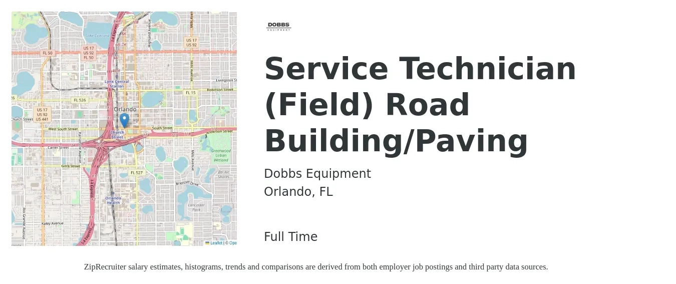 Dobbs Equipment job posting for a Service Technician (Field) Road Building/Paving in Orlando, FL with a salary of $19 to $28 Hourly with a map of Orlando location.
