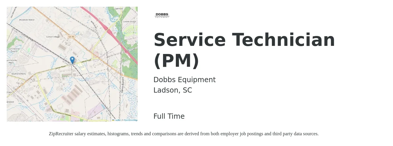 Dobbs Equipment job posting for a Service Technician (PM) in Ladson, SC with a salary of $20 to $27 Hourly with a map of Ladson location.