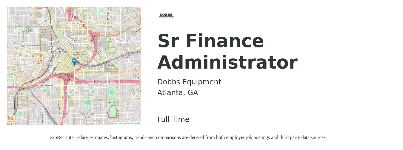 Dobbs Equipment job posting for a Sr Finance Administrator in Atlanta, GA with a salary of $46,200 to $89,400 Yearly with a map of Atlanta location.