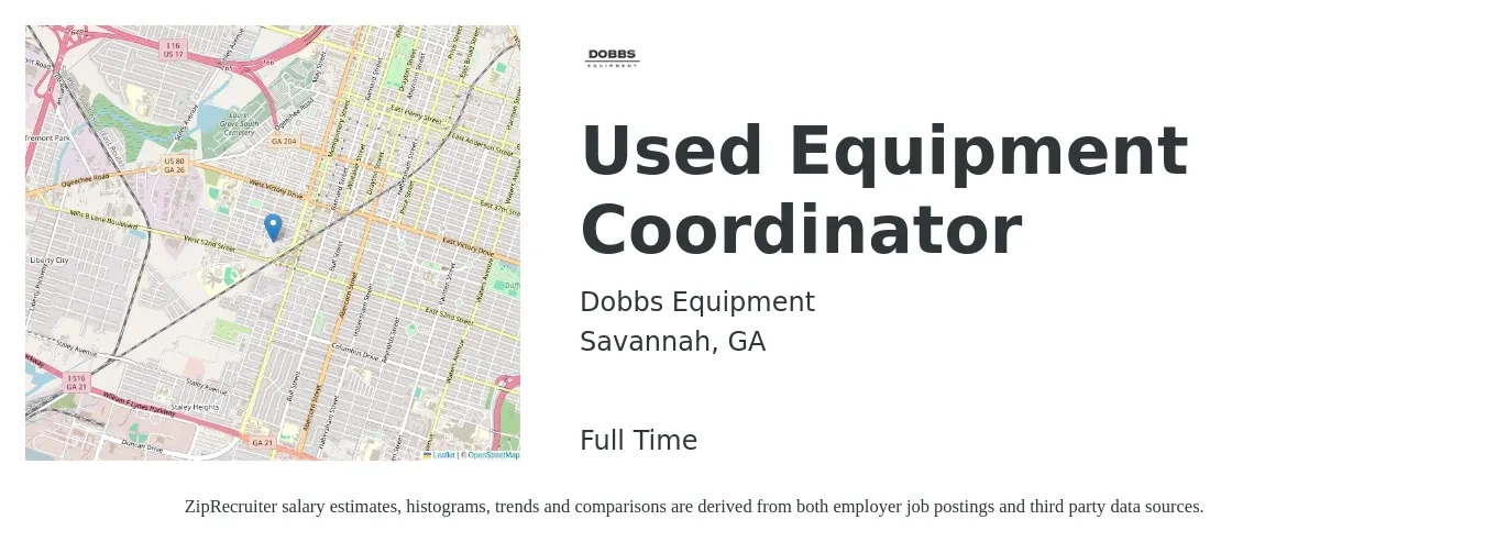 Dobbs Equipment job posting for a Used Equipment Coordinator in Savannah, GA with a salary of $19 to $26 Hourly with a map of Savannah location.