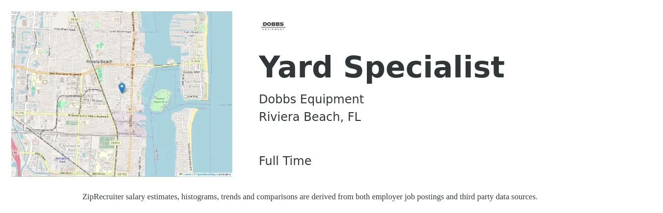 Dobbs Equipment job posting for a Yard Specialist in Riviera Beach, FL with a salary of $16 to $23 Hourly with a map of Riviera Beach location.