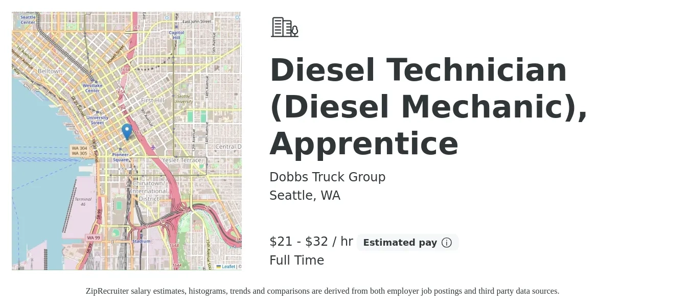 Dobbs Truck Group job posting for a Diesel Technician (Diesel Mechanic), Apprentice in Seattle, WA with a salary of $22 to $34 Hourly with a map of Seattle location.