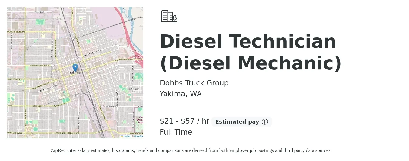 Dobbs Truck Group job posting for a Diesel Technician (Diesel Mechanic) in Yakima, WA with a salary of $22 to $60 Hourly with a map of Yakima location.