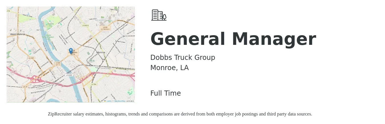 Dobbs Truck Group job posting for a General Manager in Monroe, LA with a salary of $47,600 to $71,200 Yearly with a map of Monroe location.