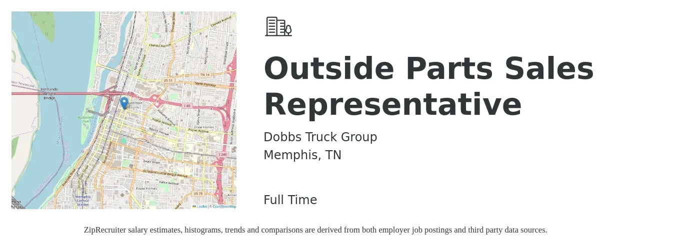 Dobbs Truck Group job posting for a Outside Parts Sales Representative in Memphis, TN with a salary of $45,800 to $78,400 Yearly with a map of Memphis location.