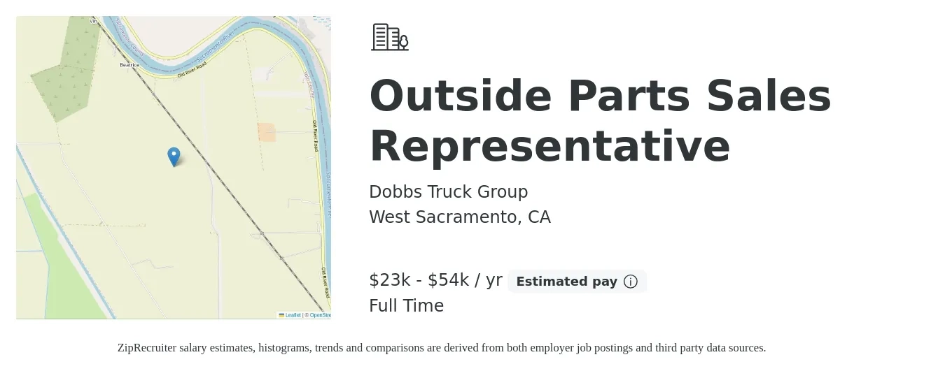 Dobbs Truck Group job posting for a Outside Parts Sales Representative in West Sacramento, CA with a salary of $23,000 to $54,000 Yearly with a map of West Sacramento location.