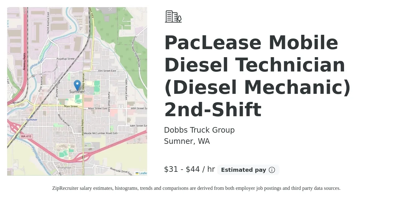 Dobbs Truck Group job posting for a PacLease Mobile Diesel Technician (Diesel Mechanic) 2nd-Shift in Sumner, WA with a salary of $33 to $46 Hourly with a map of Sumner location.