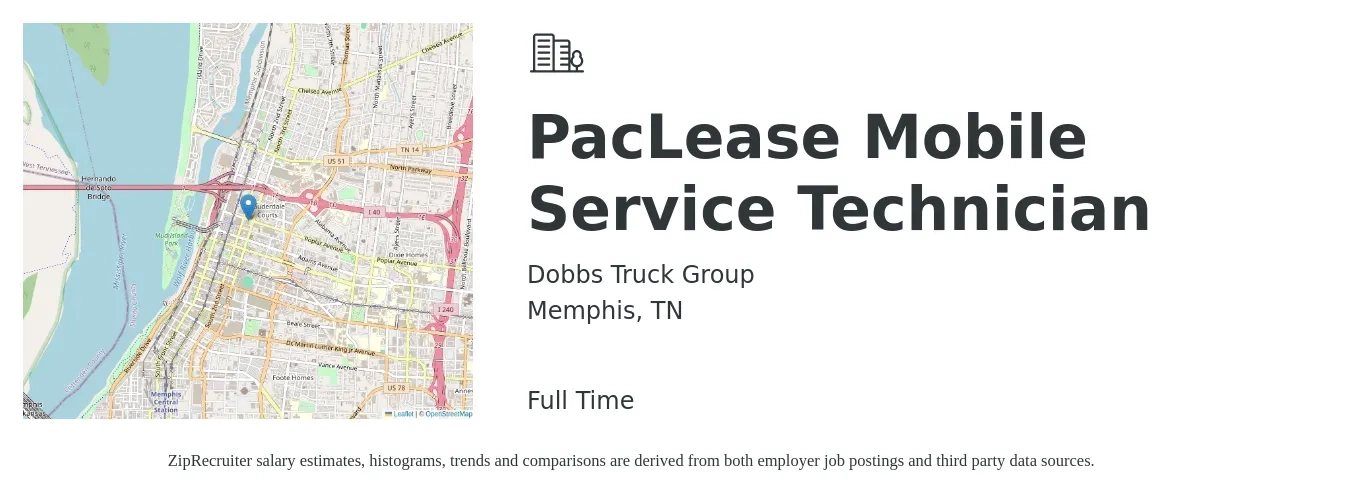 Dobbs Truck Group job posting for a PacLease Mobile Service Technician in Memphis, TN with a salary of $18 to $24 Hourly with a map of Memphis location.