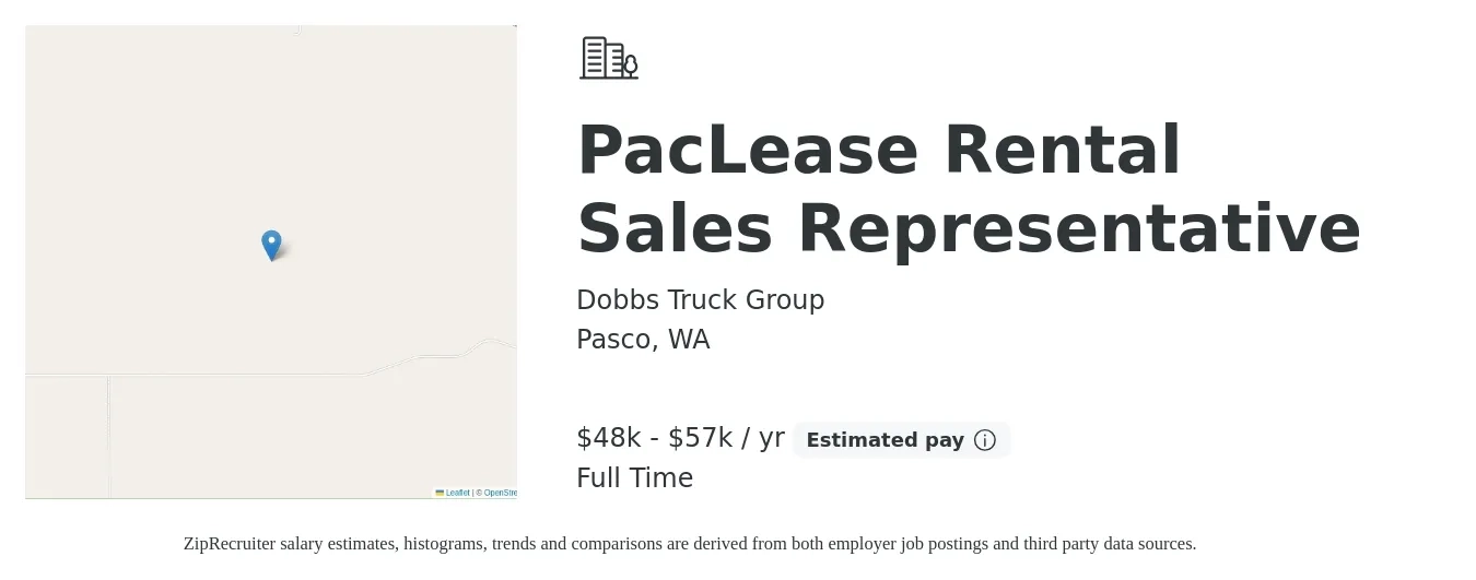 Dobbs Truck Group job posting for a PacLease Rental Sales Representative in Pasco, WA with a salary of $48,000 to $57,000 Yearly with a map of Pasco location.