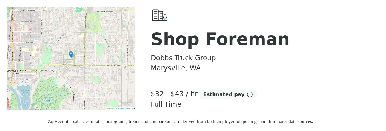 Dobbs Truck Group job posting for a Shop Foreman in Marysville, WA with a salary of $34 to $45 Hourly with a map of Marysville location.