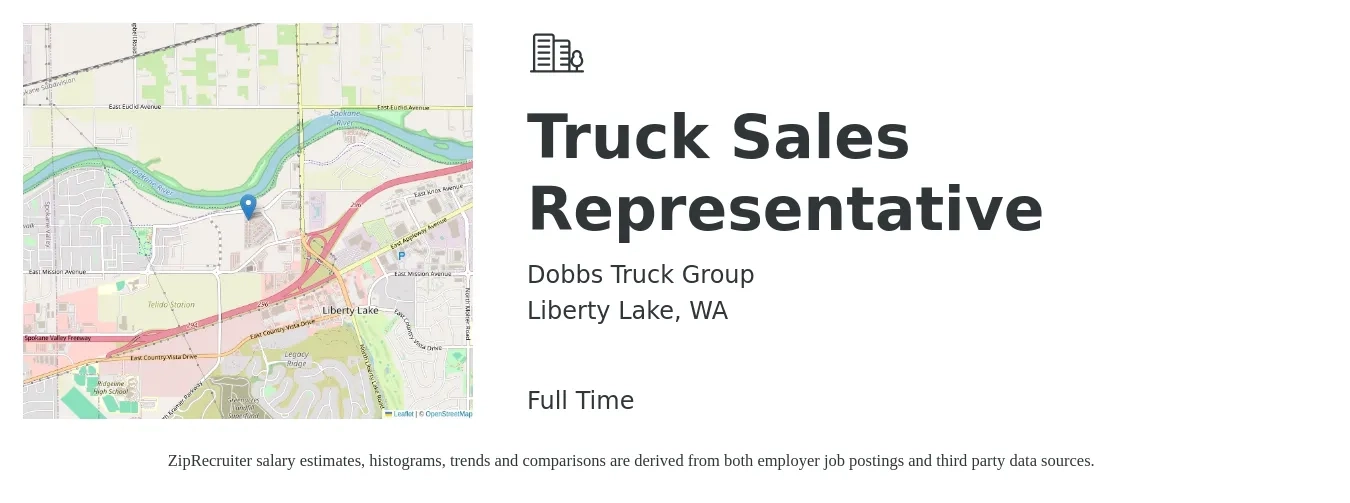 Dobbs Truck Group job posting for a Truck Sales Representative in Liberty Lake, WA with a salary of $36,700 to $47,200 Yearly with a map of Liberty Lake location.
