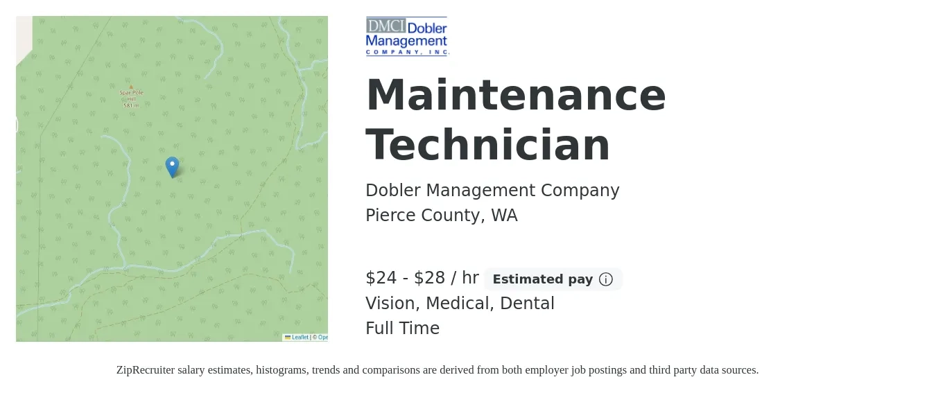 Dobler Management Company job posting for a Maintenance Technician in Pierce County, WA with a salary of $25 to $30 Hourly and benefits including dental, life_insurance, medical, retirement, and vision with a map of Pierce County location.