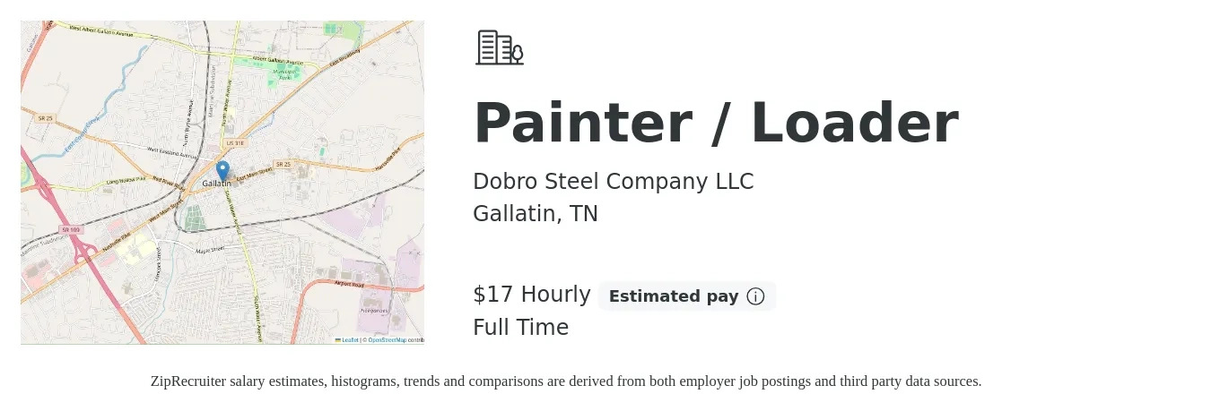 Dobro Steel Company LLC job posting for a Painter / Loader in Gallatin, TN with a salary of $18 Hourly with a map of Gallatin location.