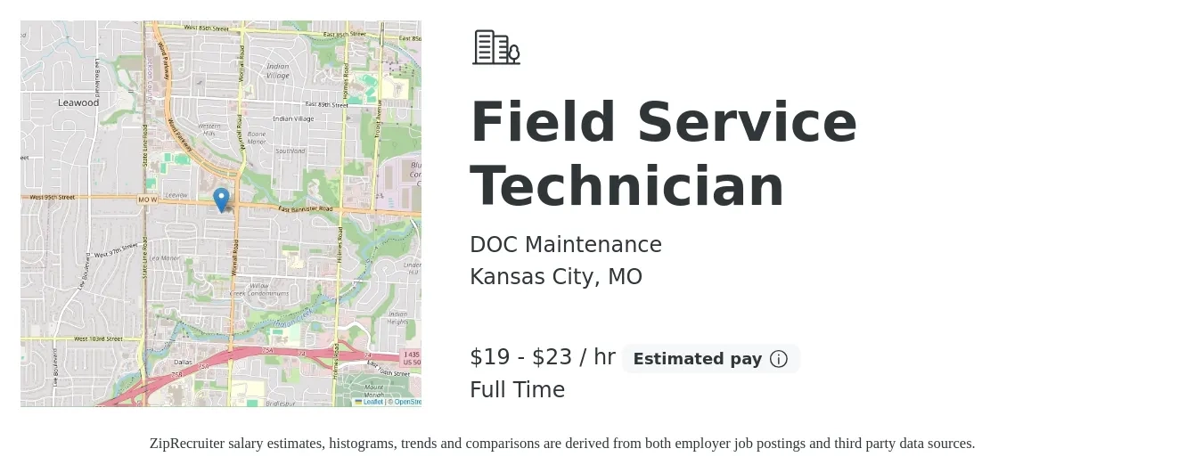 DOC Maintenance Inc job posting for a Field Service Technician in Kansas City, MO with a salary of $20 to $26 Hourly with a map of Kansas City location.